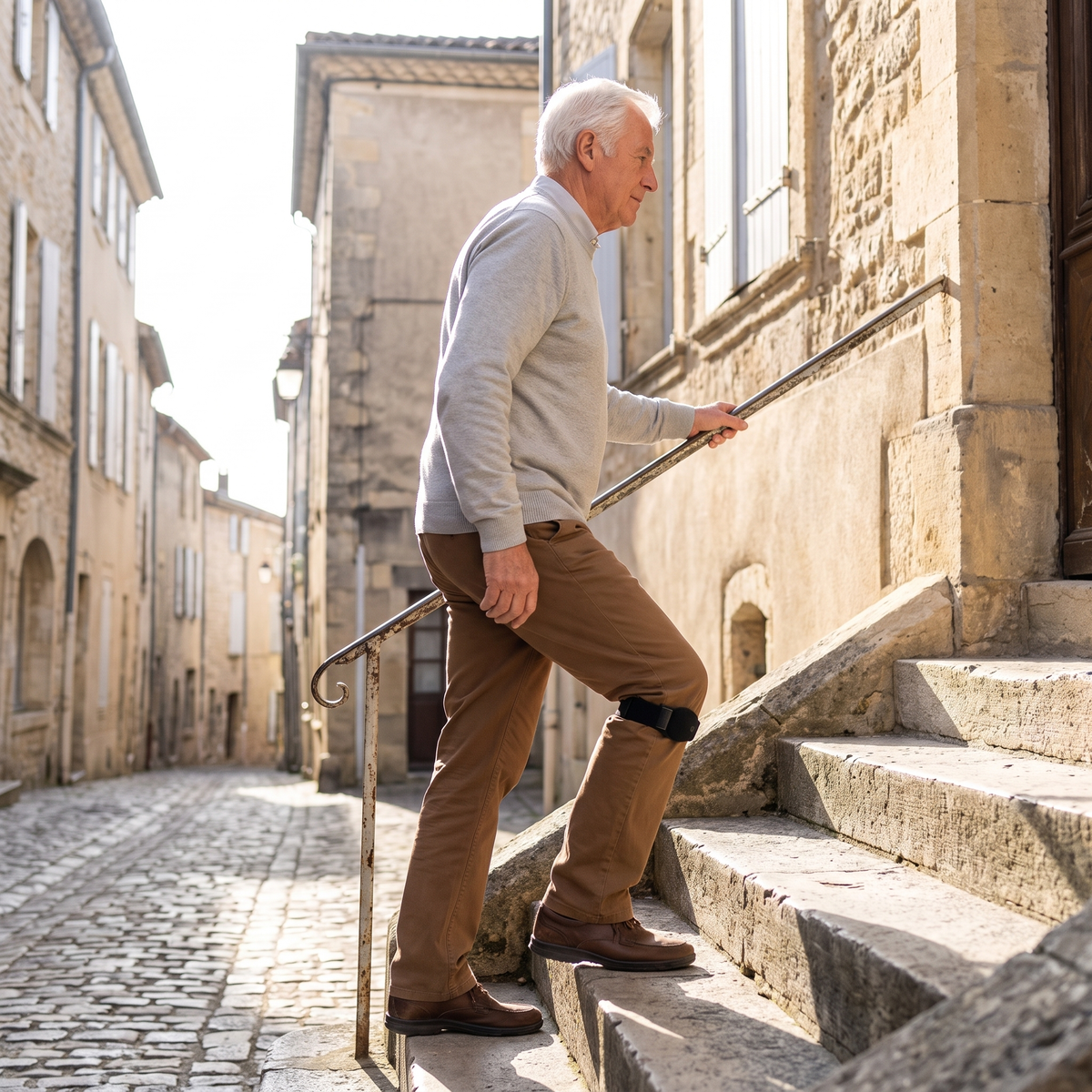 Homme montant un escalier, sangle au genou